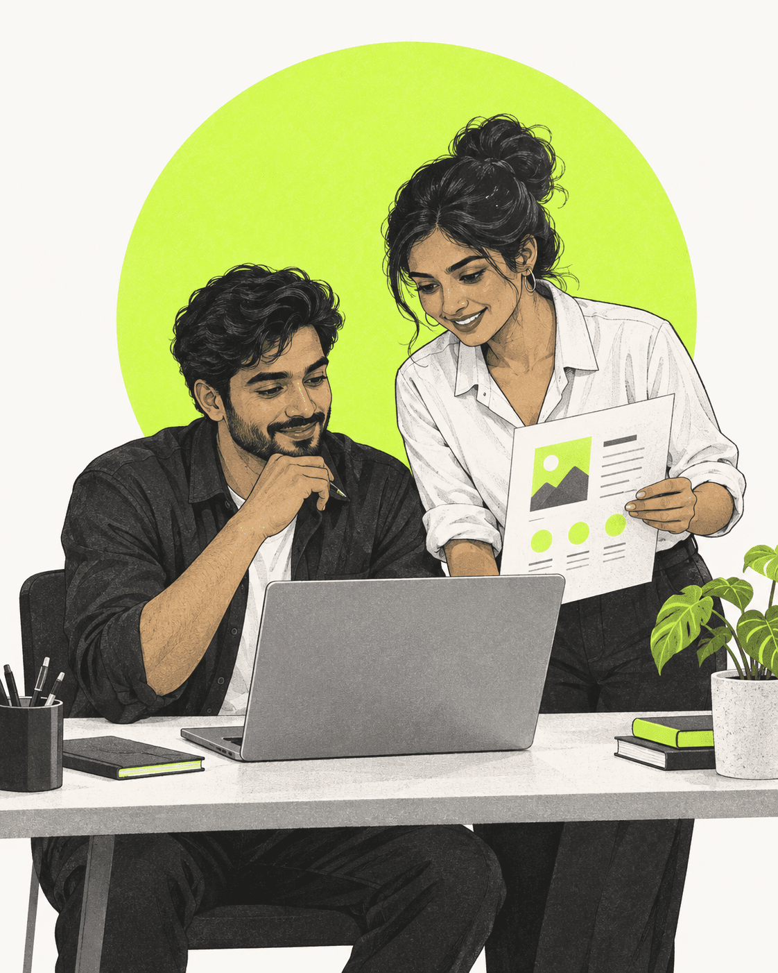 Two professionals reviewing a portfolio together at a laptop